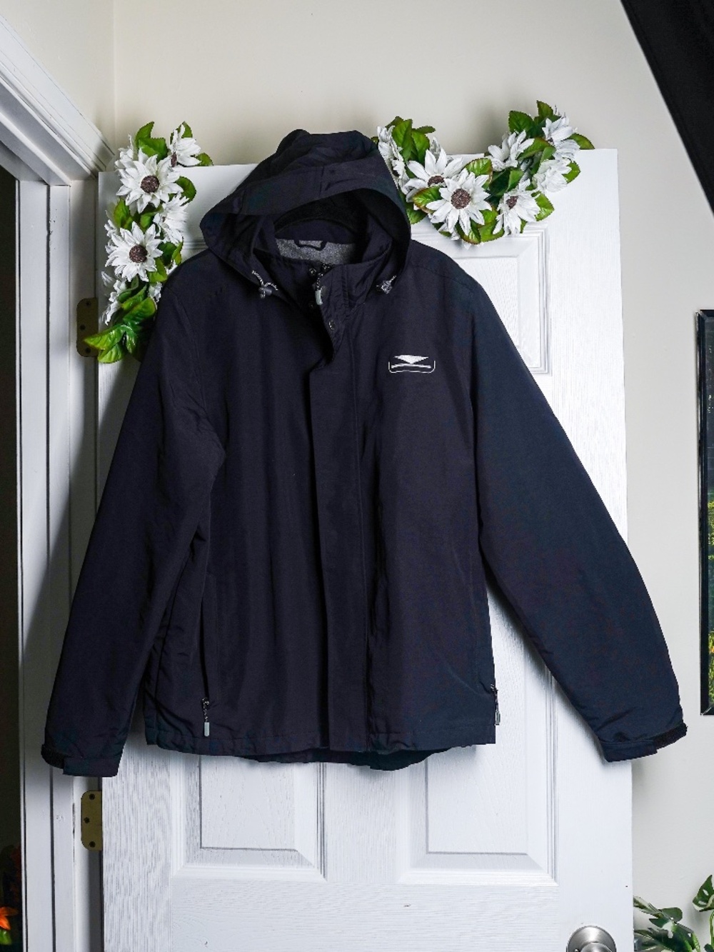 Lands' End Black Jacket Windbreaker Raincoat Fleece Lined with Hood
